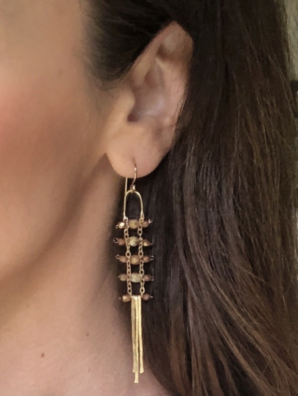 Kelly Clarkson Long Boho Style Shoulder Grazing Gold Beaded Earrings