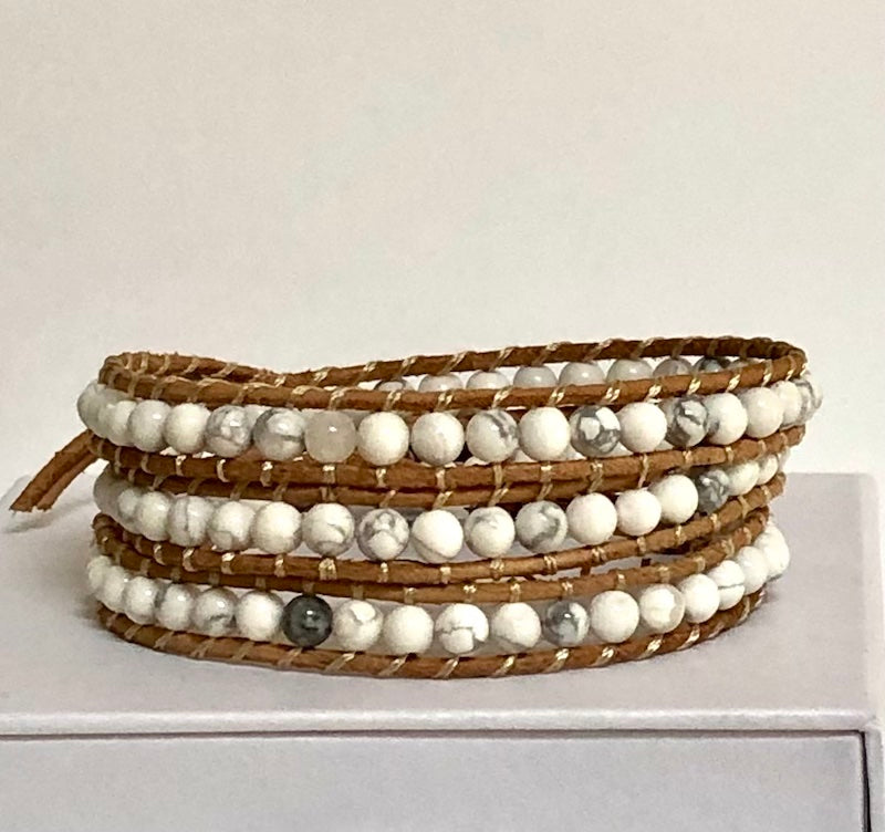White Howlite Natural Leather 3-Wrap Semi Precious Gemstone Bracelet