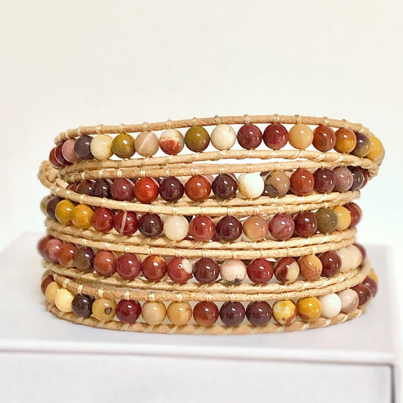 Mookaite Gemstone Beaded Leather Wrap Bracelet | abrau jewelry