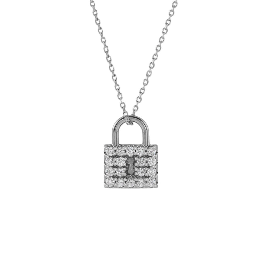 Diamond Lock Pendant Necklace 14K White Solid Gold  | Abrau Jewelry