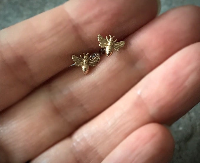small tiny honey bee post stud earrings in bronze gold