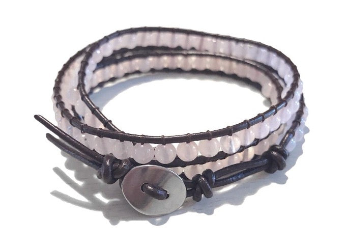 pink quartz leather wrap bracelet