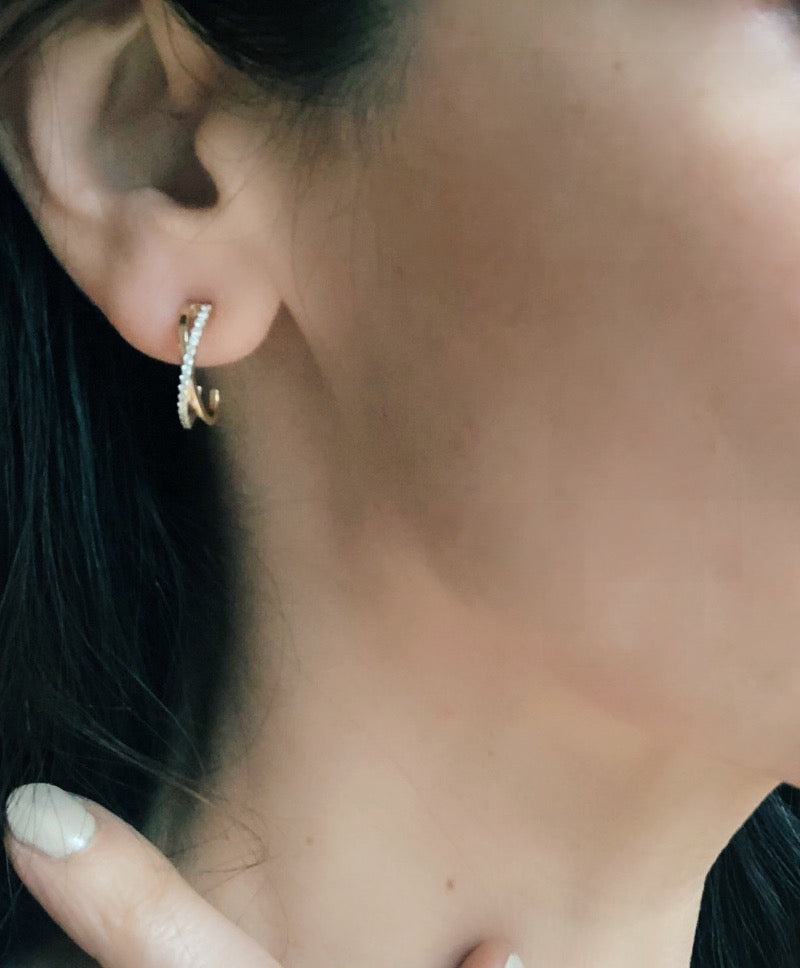 Criss Cross Diamond Hoops As Seen in Ear | Abrau Jewelry