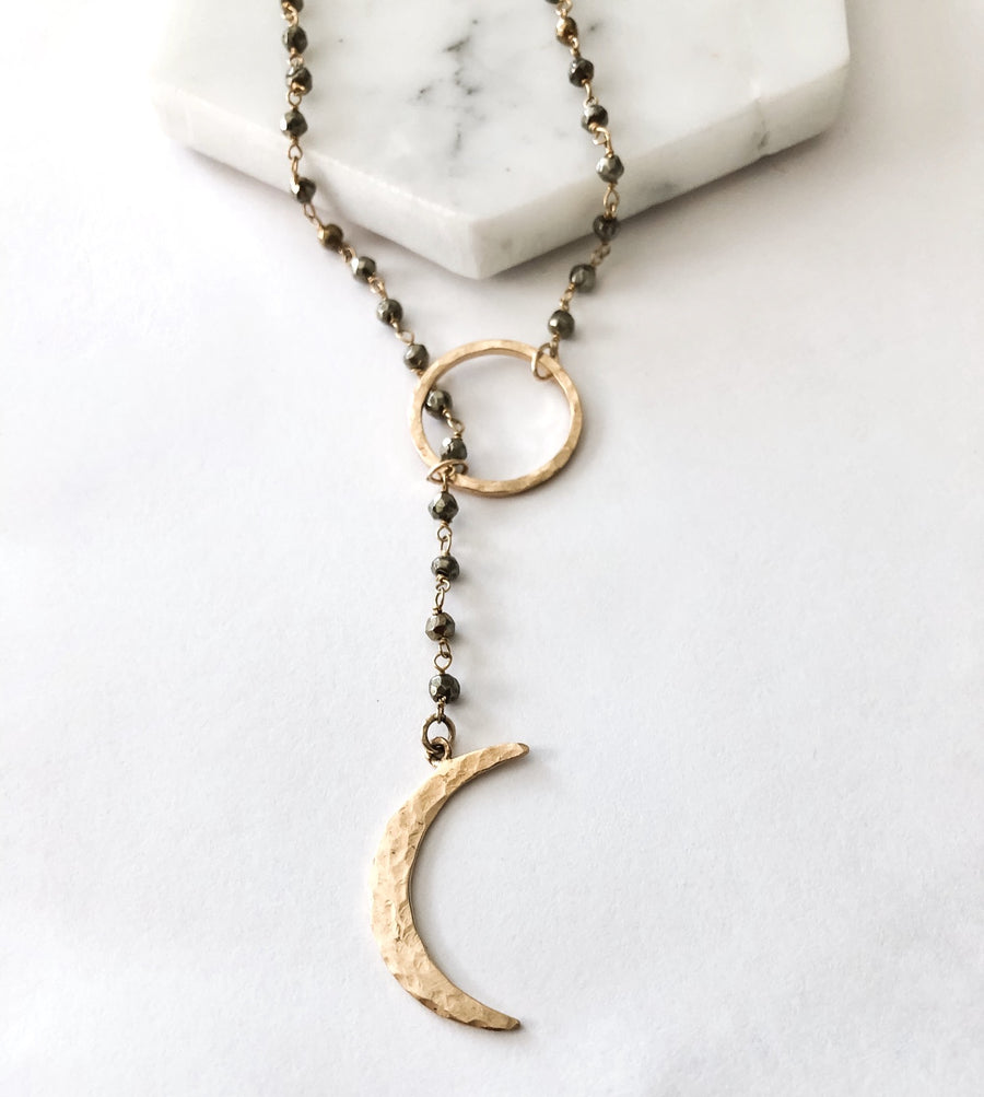 Moon Circle Lariat Pyrite Gemstone Statement Necklace by Abrau Jewelry 