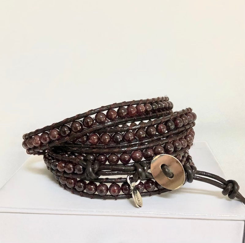 leather wrap bracelet by Abrau Jewelry | Garnet Gemstone