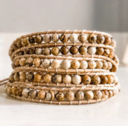 Picture jasper beaded gemstone leather wrap boho style bracelet | abrau