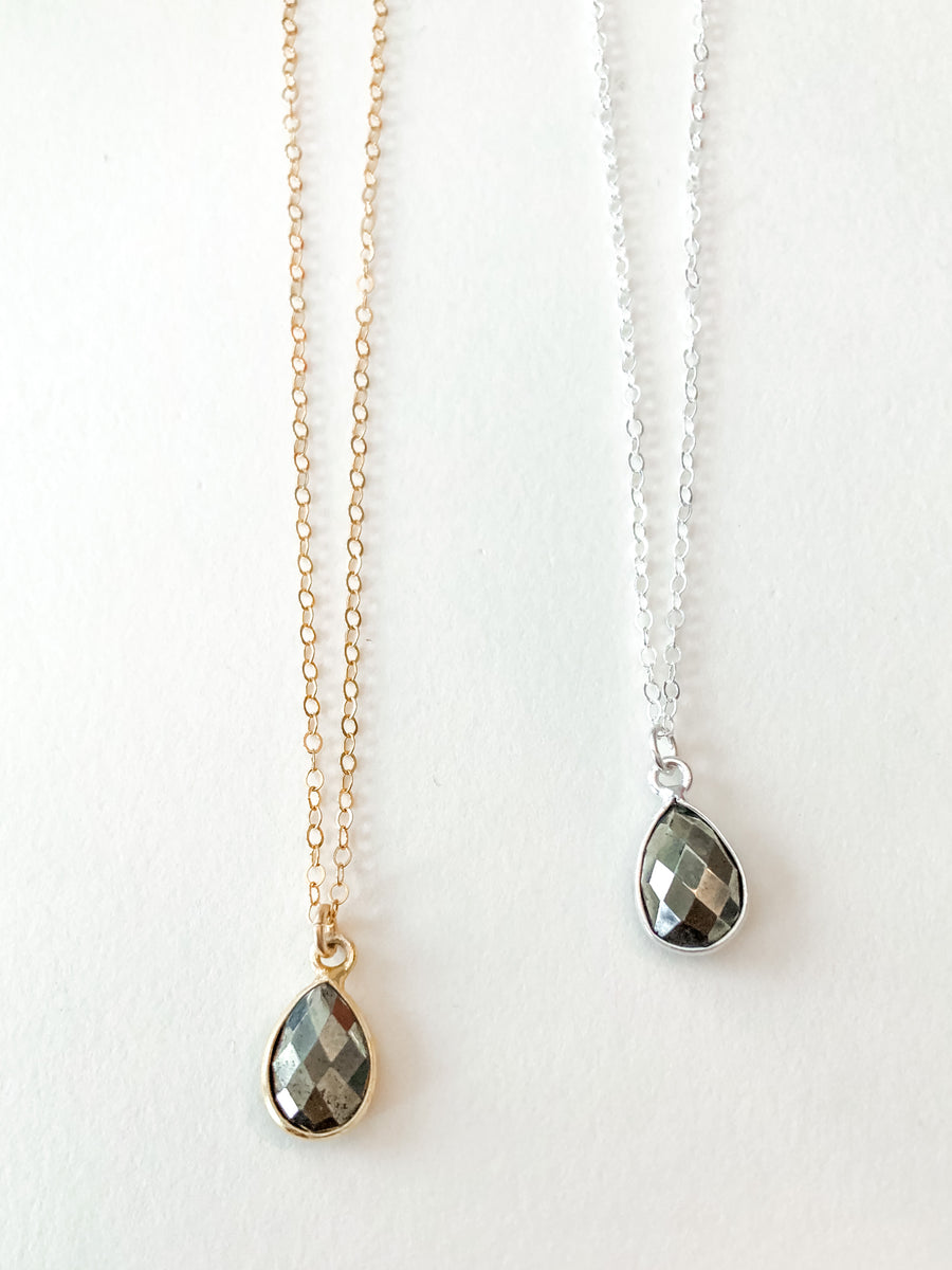 As Seen on Law & Order - Dainty Faceted Pyrite Bezeled Necklace 16-18