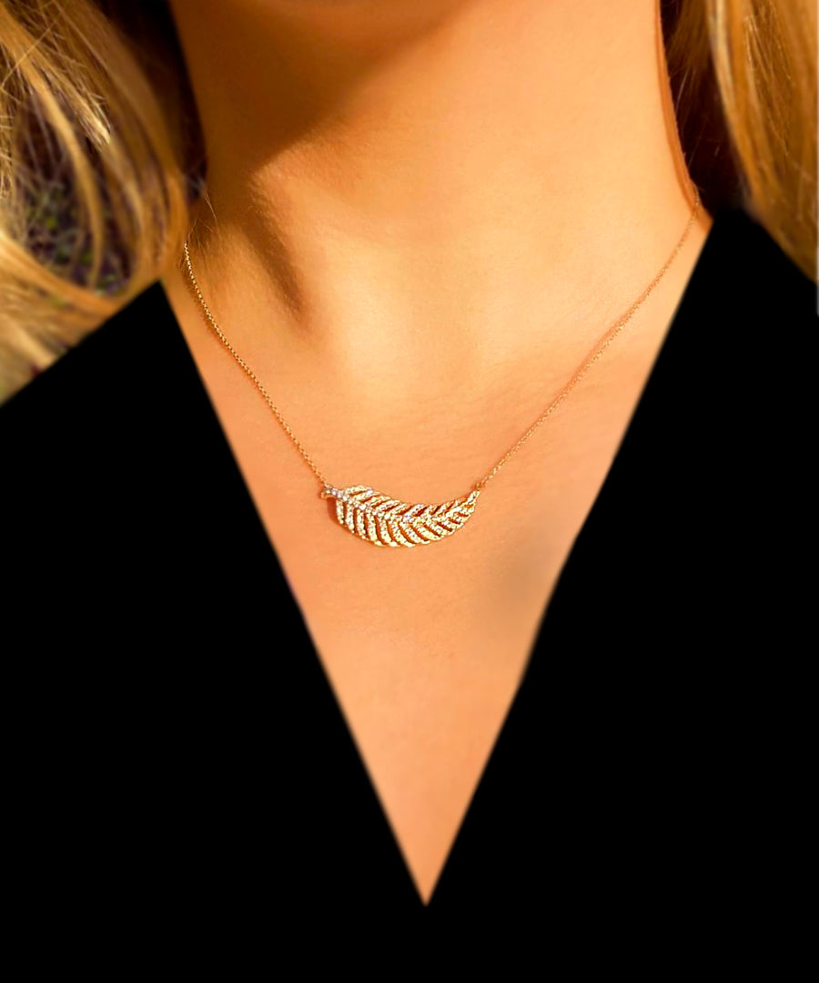 Pave Diamond Feather Leaf Necklace | Abrau Jewelry