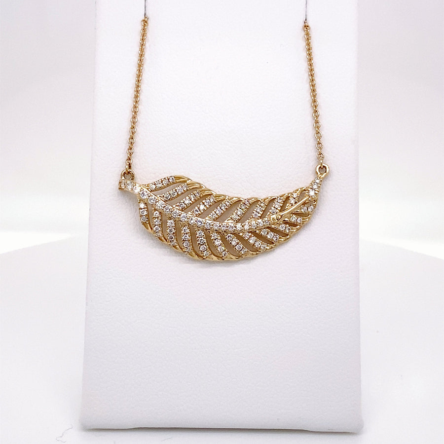 Pave Diamond 14K Solid Gold Feather Pendant Necklace | Abrau Jewelry