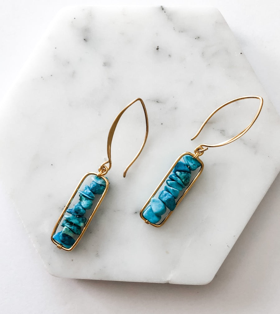 Turquoise Howlite Gold Framed Vertical Bar Earrings