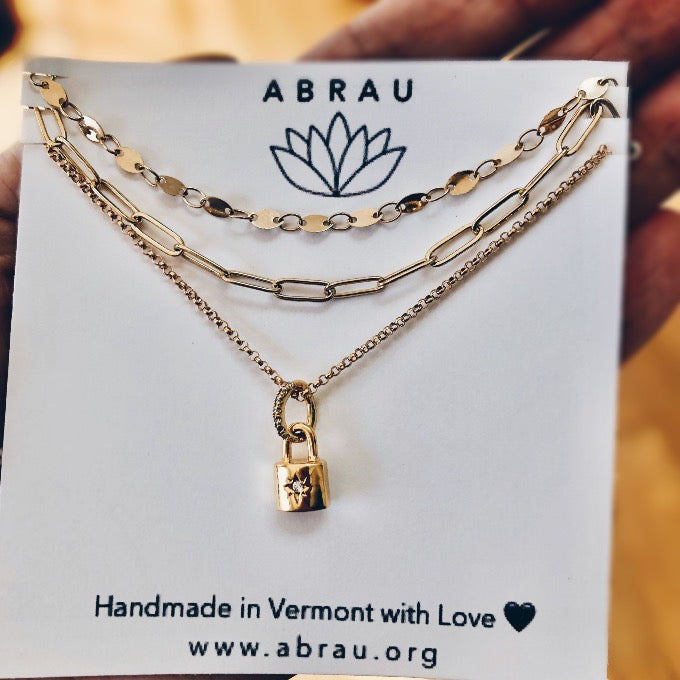 Lock Layered Necklace Set with Sequin and Paperclip Gold Chains | Abrau Jewelry