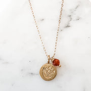 Lotus Flower Stamped Disc Gold Filled Charm Necklace | Abrau Jewelry