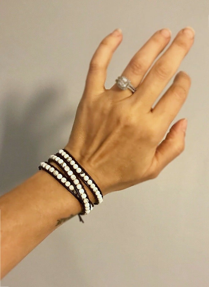 white howlite gemstone leather wrap bracelet