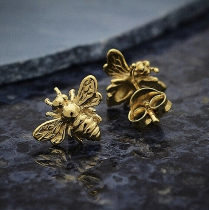 14K Shiny Gold Vermeil Honey Bee Post Earrings | Abrau Jewelry